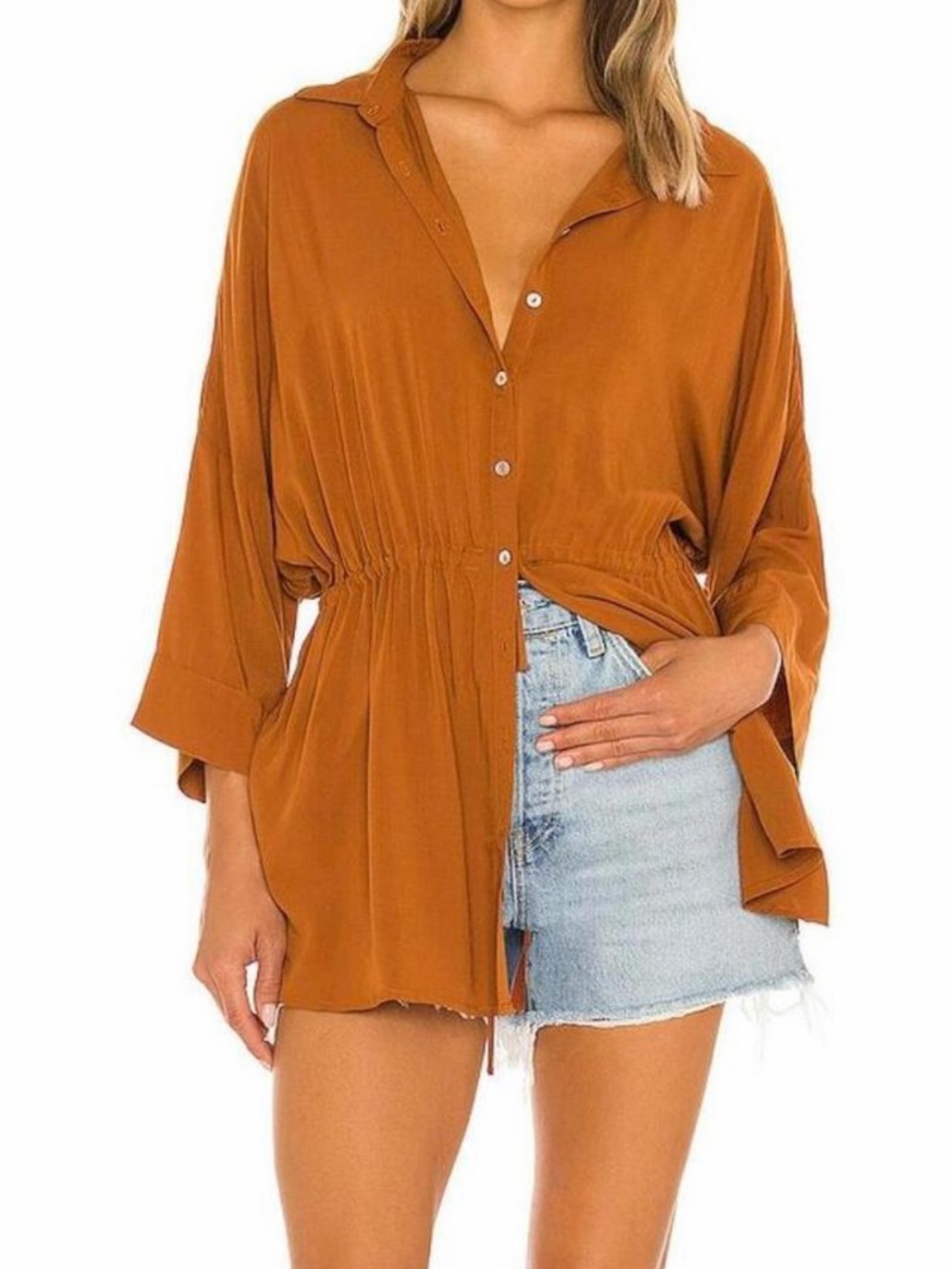 l*space Rust Button-Front Cinched-Waist Shirt